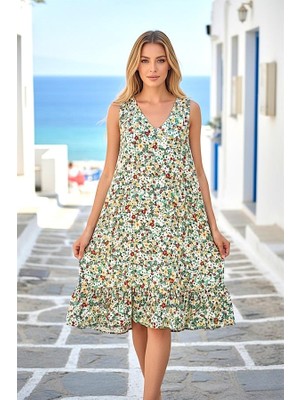 Modanı Seç Yeşil Çıtır Çiçek Desenli Kalın Askılı Fırfırlı Kısa Elbise