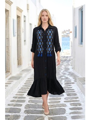 Modanı Seç Siyah Önü Nazar Boncuğu Nakışlı Püsküllü Kolu Apoletli Eteği Fırfırlı Uzun Gömlek Elbise