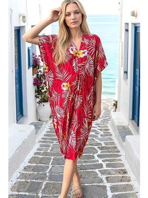 Modanı Seç Kırmızı Çiçekli V Yaka Tasarım Cepli Elbise
