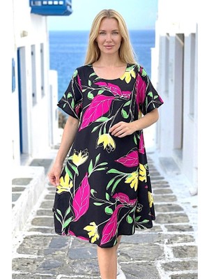 Modanı Seç Siyah Desenli Yuvarlak Yaka Kısa Kollu Midi Elbise