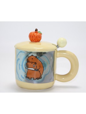 Ttt Capybara Desenli Kapaklı Kaşıklı Porselen Kupa Bardak