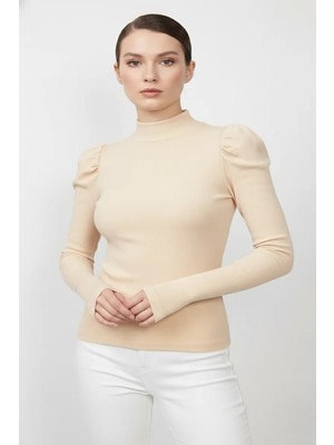 Modanı Seç Balıkçı Yaka Parmak Geçmeli Kaşkorse Prenses Kol Bluz - Bej
