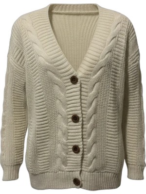 Modanı Seç Kadın Krem Düğmeli Kısa Triko Hırka – Burgulu Örgü Desenli