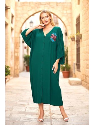 Modanı Seç Haki V Yaka Sırtı ve Göğsü Çiçek Nakışlı Cepli Oversize Uzun Gömlek Elbise