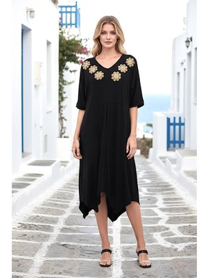 Modanı Seç Siyah V Yaka Kısa Kollu Yakası Çiçek Nakışlı Cepli Asimetrik Midi Penye Elbise