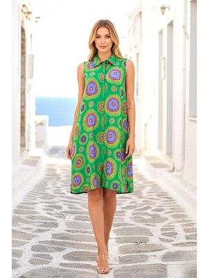 Modanı Seç Yeşil Etnik Desenli Kolsuz Kısa Gömlek Elbise