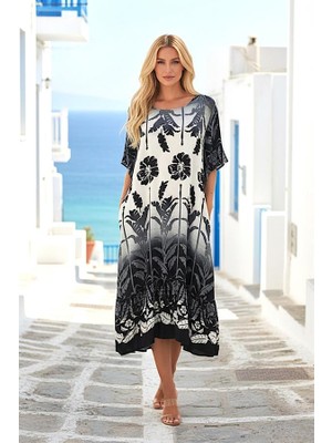 Modanı Seç Siyah Çiçekli Kayık Yaka Cepli Etekleri Fırıfırlı Midi Elbise