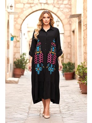 Modanı Seç Siyah Otantik Nakışlı Kolu Apoletli Eteği Fırfırlı Uzun Gömlek Elbise