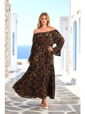 Modanı Seç Haki Carmen Yaka Şal Desen Fırfırlı Kol Etekleri Kat Kat Uzun Elbise