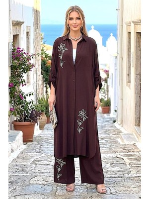 Modanı Seç Kahverengi Çiçek Nakışlı Gömlek Elbise Pantolon Takım