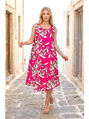 Modanı Seç Fuşya Çiçekli U Yaka Askılı Midi Elbise