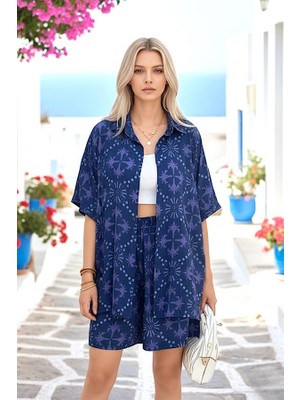 Modanı Seç Lacivert Desenli Gömleği Kısa Kollu Gömlek Şort Takım