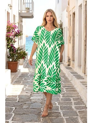 Modanı Seç Yeşil Desenli V Yaka Cepli Etekleri Fırıfırlı Midi Elbise