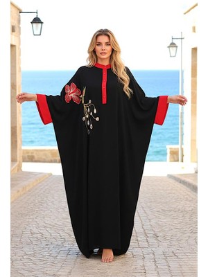 Modanı Seç Siyah Kuş Çiçek Nakışlı Yarasa Kol Oversize Uzun Elbise