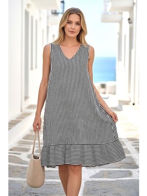 Modanı Seç Siyah Çizgili Kalın Askılı Fırfırlı Kısa Elbise