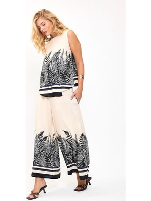 Modanı Seç Siyah Desenli Beli Lastikli Cepli Bol Paça Bluz Pantolon Takım