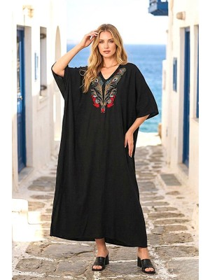 Modanı Seç Siyah V Yaka Göğsü Nakışlı Cepli Oversize Uzun Elbise