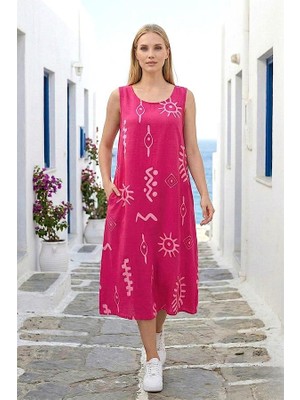 Modanı Seç Fuşya Balık Desenli Kalın Askılı Cepli Midi Elbise