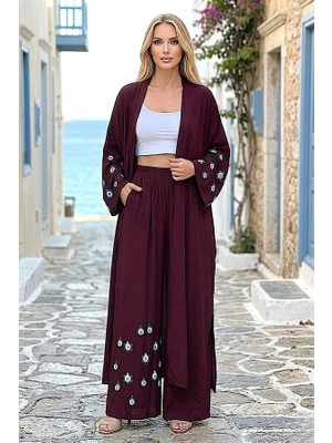 Modanı Seç Bordo Mavi Boncuk Kimono Pantolon Takım