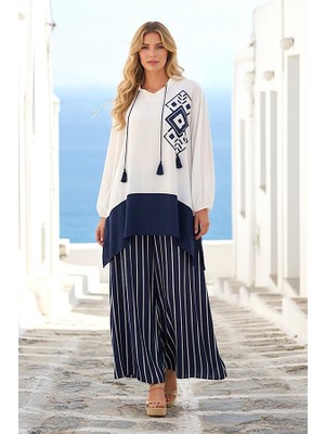 Modanı Seç Lacivert Desenli Püsküllü Pantolonu Çizgili Cepli Tunik Pantolon Ikili Takım