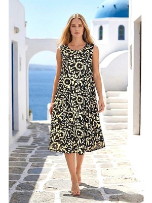 Modanı Seç Siyah Bej Desenli U Yaka Askılı Midi Elbise