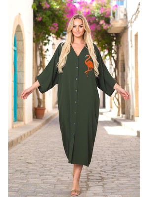 Modanı Seç Haki V Yaka Önü ve Sırtı Flamingo Nakışlı Cepli Oversize Uzun Gömlek Elbise