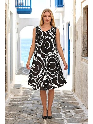 Modanı Seç Siyah Yuvarlak Desenli Kalın Askılı Midi Elbise