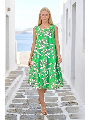 Modanı Seç Yeşil Çiçekli U Yaka Askılı Midi Elbise