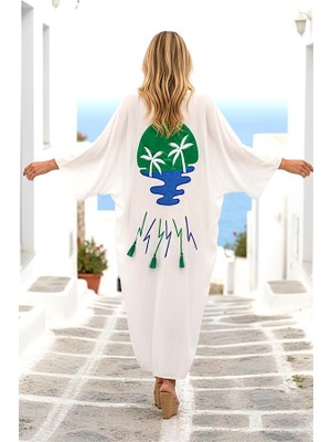 Modanı Seç Beyaz V Yaka Sırtı Palmiye Aplike Nakışlı Püsküllü Cepli Uzun Gömlek Elbise