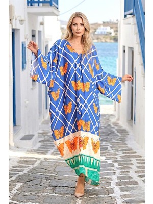 Modanı Seç Mavi Kelebek Desenli V Yaka Yarasa Kol Cepli Oversize Uzun Gömlek Elbise