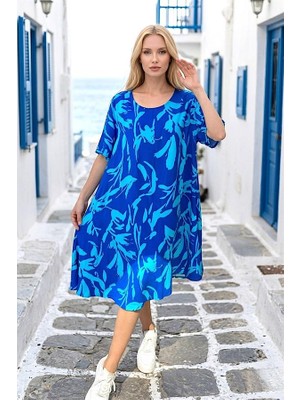 Modanı Seç Mavi Desenli Yuvarlak Yaka Kısa Kollu Midi Elbise