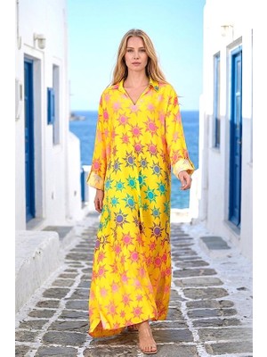 Modanı Seç Sarı Güneş Desenli Gömlek Yaka Kolu Ayarlanabilir Oversize Uzun Elbise