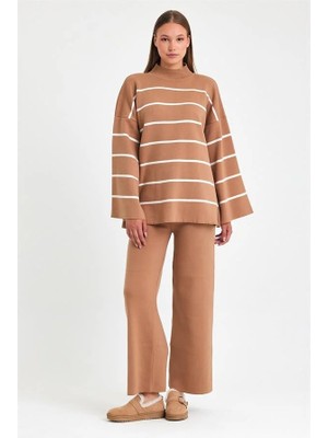 Modanı Seç Kahverengi Ispanyol Kol Çizgili Tunik Pantolon Triko Alt Üst Takım