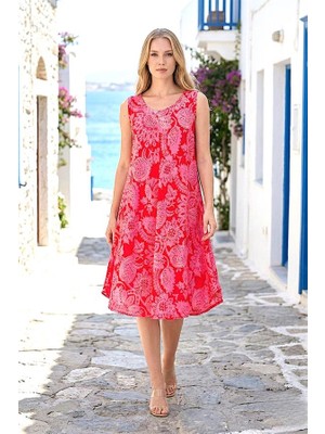 Modanı Seç Pembe Desenli Kalın Askılı Midi Elbise