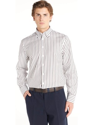 Ted Baker Comfort Fit Alttan Britli Yaka Çizgili Kahve Erkek Gömlek TBMRSH1026