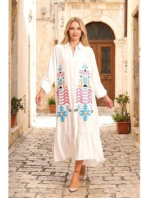 Modanı Seç Beyaz Otantik Nakışlı Kolu Apoletli Eteği Fırfırlı Uzun Gömlek Elbise