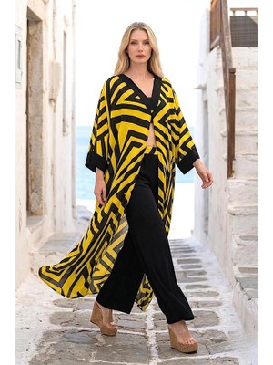 Modanı Seç Sarı Siyah Desenli V Yaka Önden Yırtmaçlı Cepli Tunik Pantolon Ikili Takım