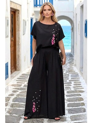Modanı Seç Siyah Pembe Sümbül Nakışlı Ikili Takım