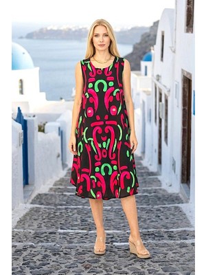 Modanı Seç Siyah Desenli U Yaka Askılı Midi Elbise