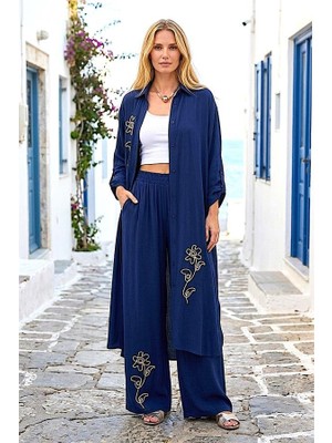 Modanı Seç Lacivert Çiçek Nakışlı Gömlek Elbise Pantolon Takım