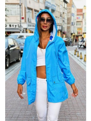 Modanı Seç Mavi Yıldız Kapüşonlu Cepli Ince Yağmurluk