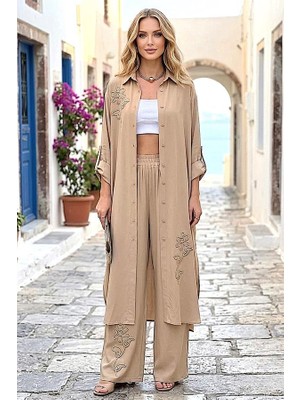Modanı Seç Bej Çiçek Nakışlı Gömlek Elbise Pantolon Takım