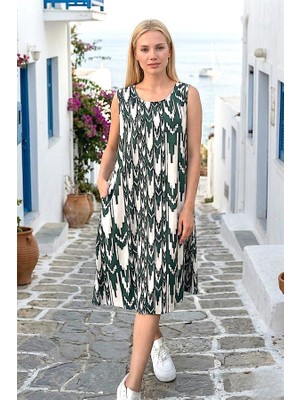 Modanı Seç Beyaz Haki Desenli Kalın Askılı Cepli Midi Elbise