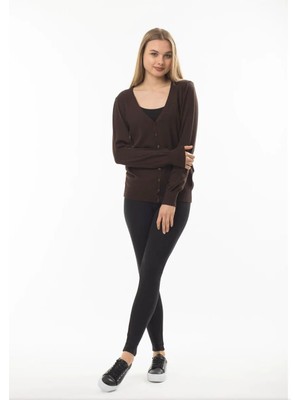 Modanı Seç Kahverengi V Yaka Düğmeli Basic Triko Kadın Hırka