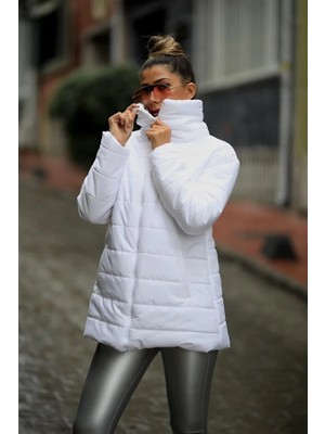 Modanı Seç Beyaz Dik Yaka Uzun Şişme Mont