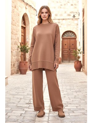 Modanı Seç Kahverengi Bisiklet Yaka Tunik Pantolon Triko Alt Üst Takım