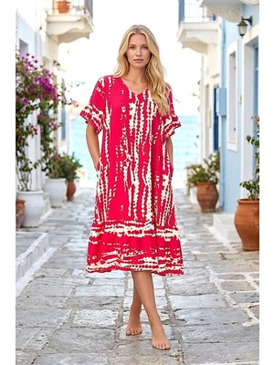 Modanı Seç Fuşya Desenli V Yaka Cepli Etekleri Fırıfırlı Midi Elbise