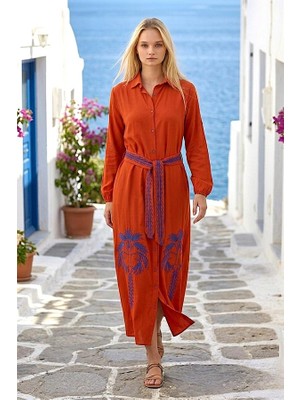 Modanı Seç Kiremit Gömlek Yaka Eteği Nakışlı Kemerli Uzun Gömlek Elbise