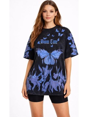 Civetta Asit Yıkamalı Oversize Tişört Mavi Kelebek Baskılı Dijital Print Bisiklet Yaka Streetwear T-Shirt - Siyah