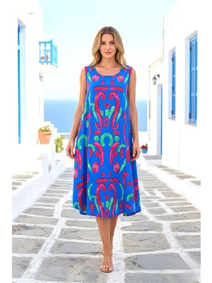 Modanı Seç Saks Mavi Desenli U Yaka Askılı Midi Elbise